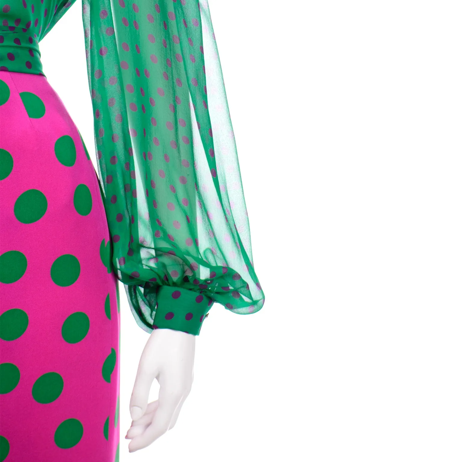 David Hayes Pink & Green Polka Dot Silk Skirt Blouse Scarf & Jacket Suit