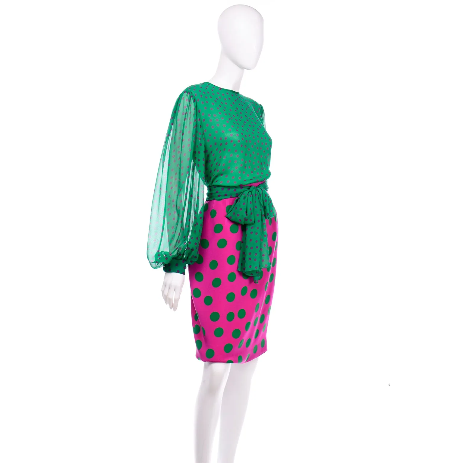 David Hayes Pink & Green Polka Dot Silk Skirt Blouse Scarf & Jacket Suit