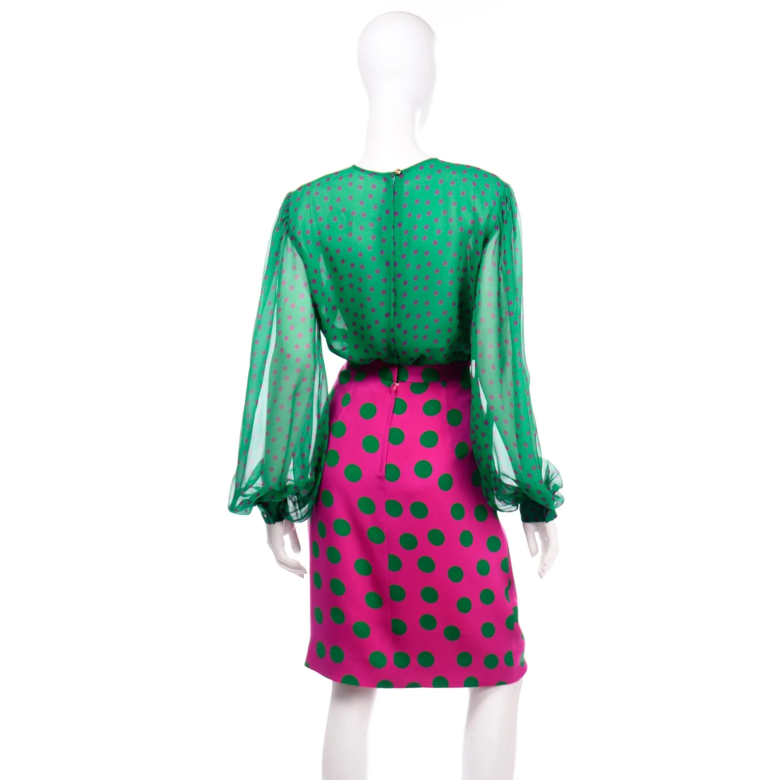 David Hayes Pink & Green Polka Dot Silk Skirt Blouse Scarf & Jacket Suit