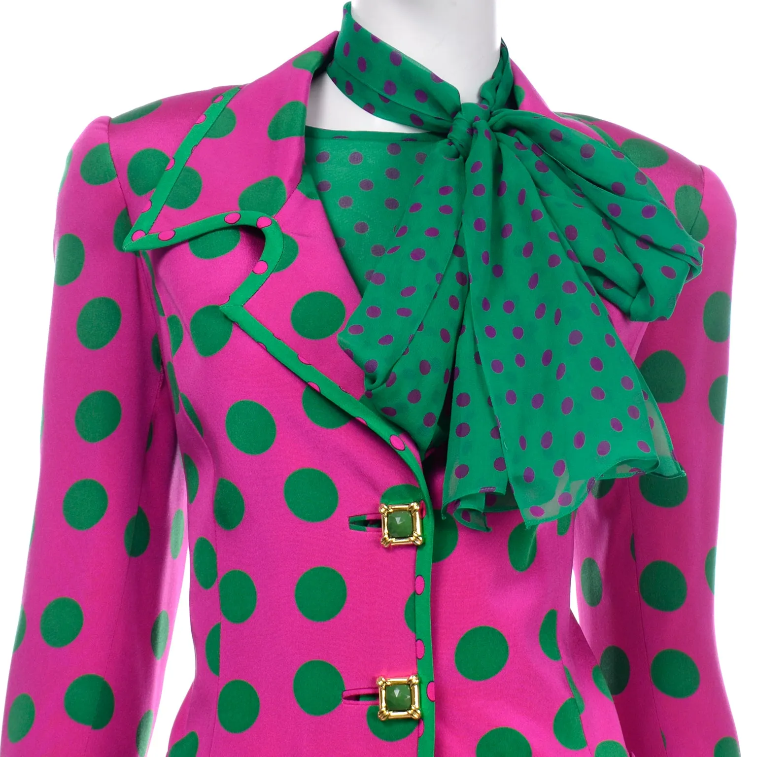 David Hayes Pink & Green Polka Dot Silk Skirt Blouse Scarf & Jacket Suit