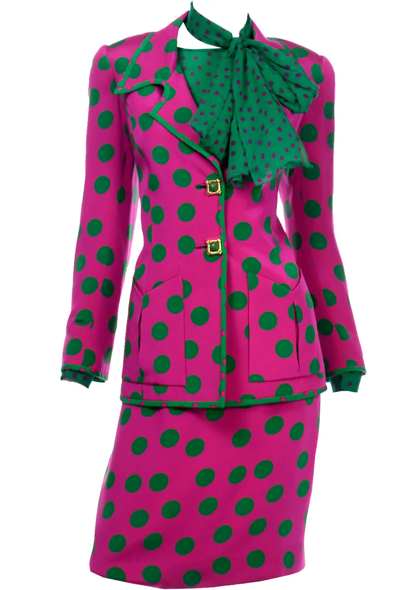 David Hayes Pink & Green Polka Dot Silk Skirt Blouse Scarf & Jacket Suit