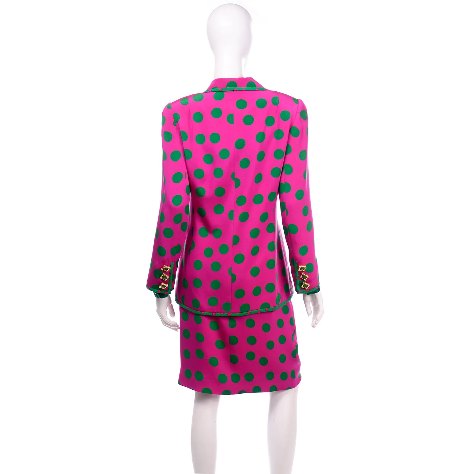 David Hayes Pink & Green Polka Dot Silk Skirt Blouse Scarf & Jacket Suit