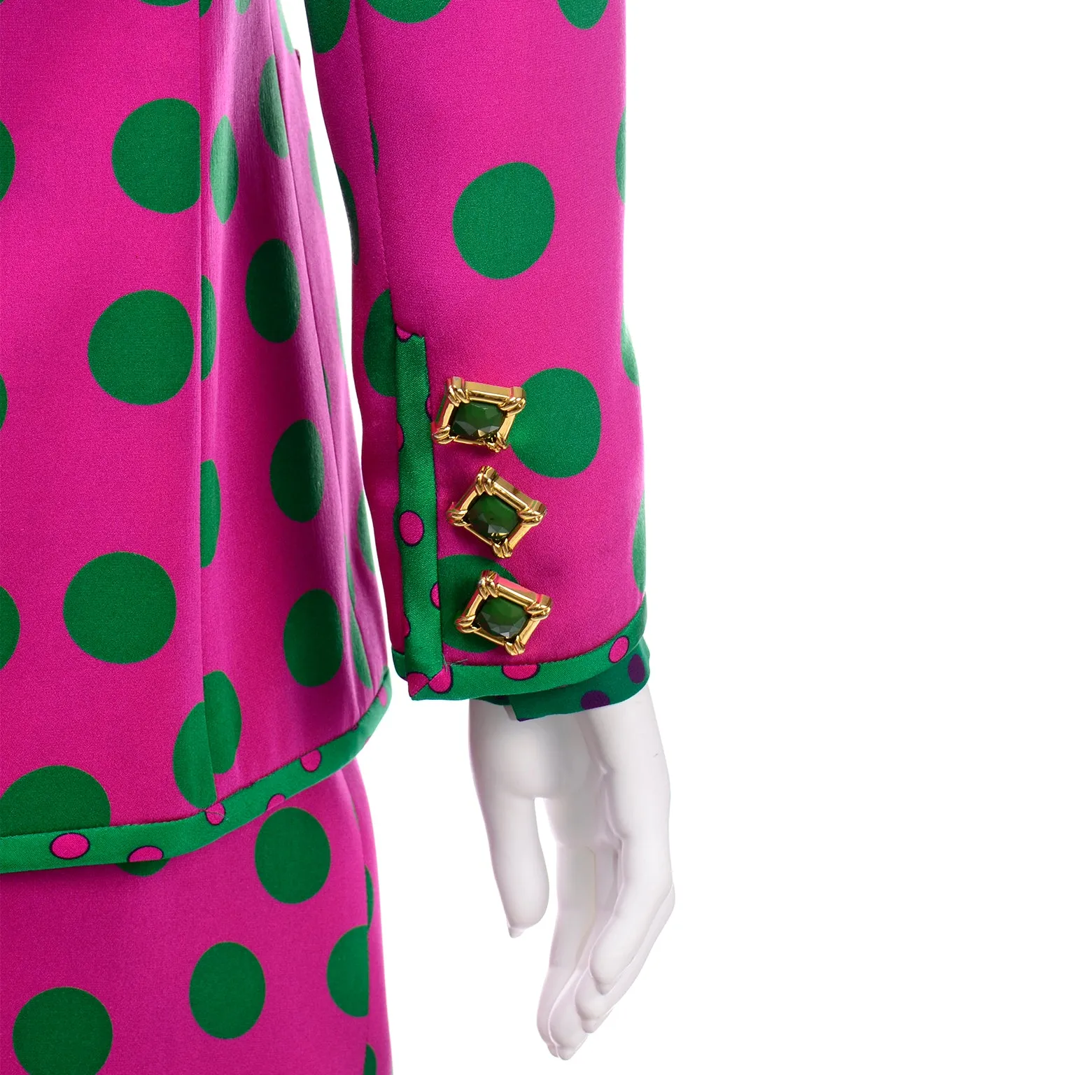 David Hayes Pink & Green Polka Dot Silk Skirt Blouse Scarf & Jacket Suit