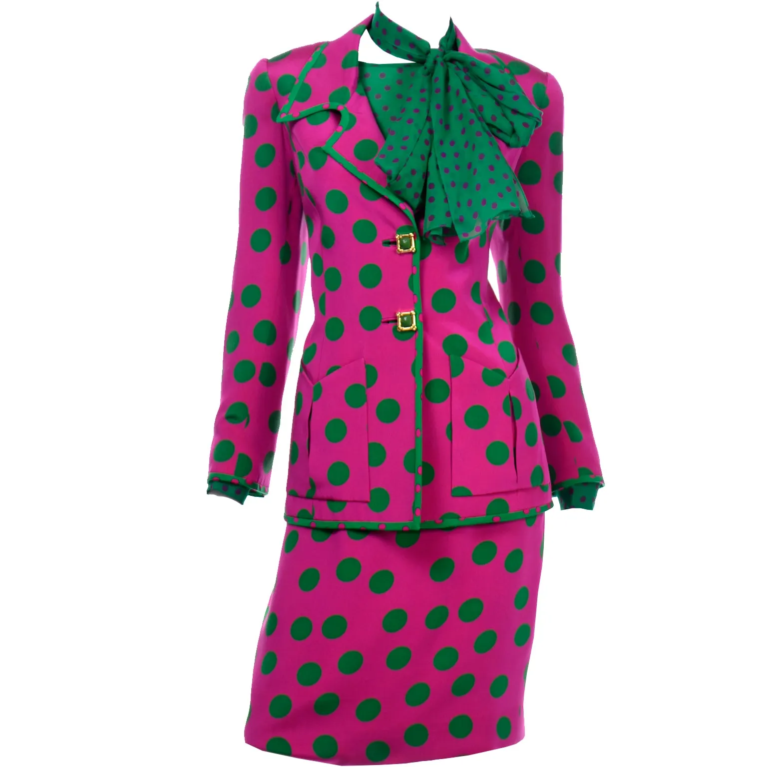 David Hayes Pink & Green Polka Dot Silk Skirt Blouse Scarf & Jacket Suit