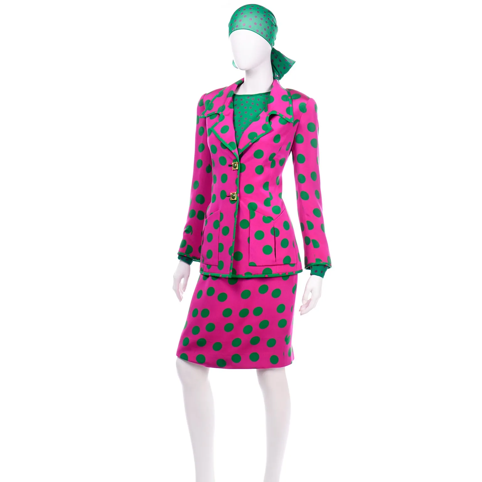 David Hayes Pink & Green Polka Dot Silk Skirt Blouse Scarf & Jacket Suit