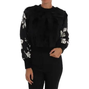 Dolce & Gabbana Floral Brocade Black Fur Sweater