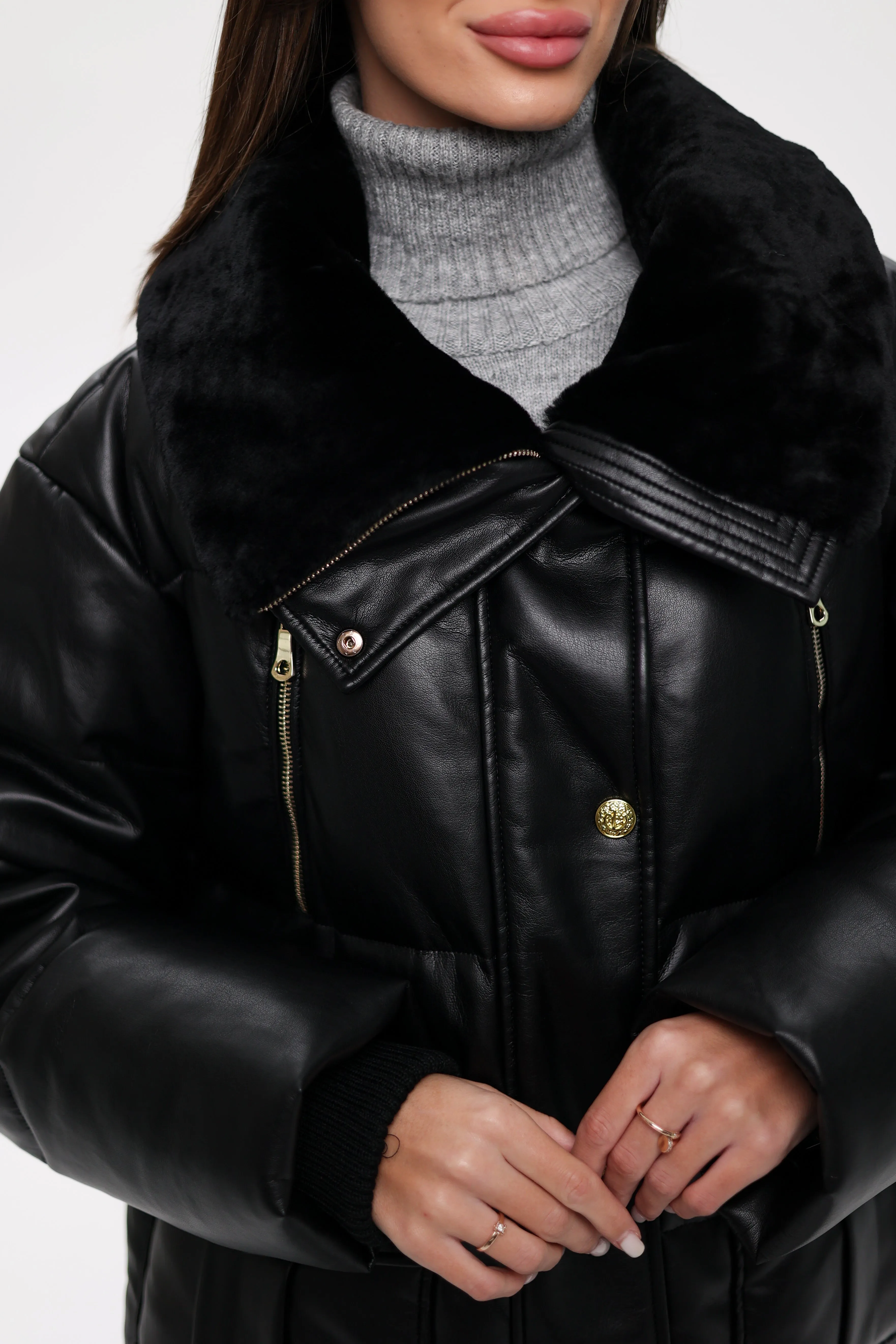 Eco Leather Alpaca Collar Down Jacket