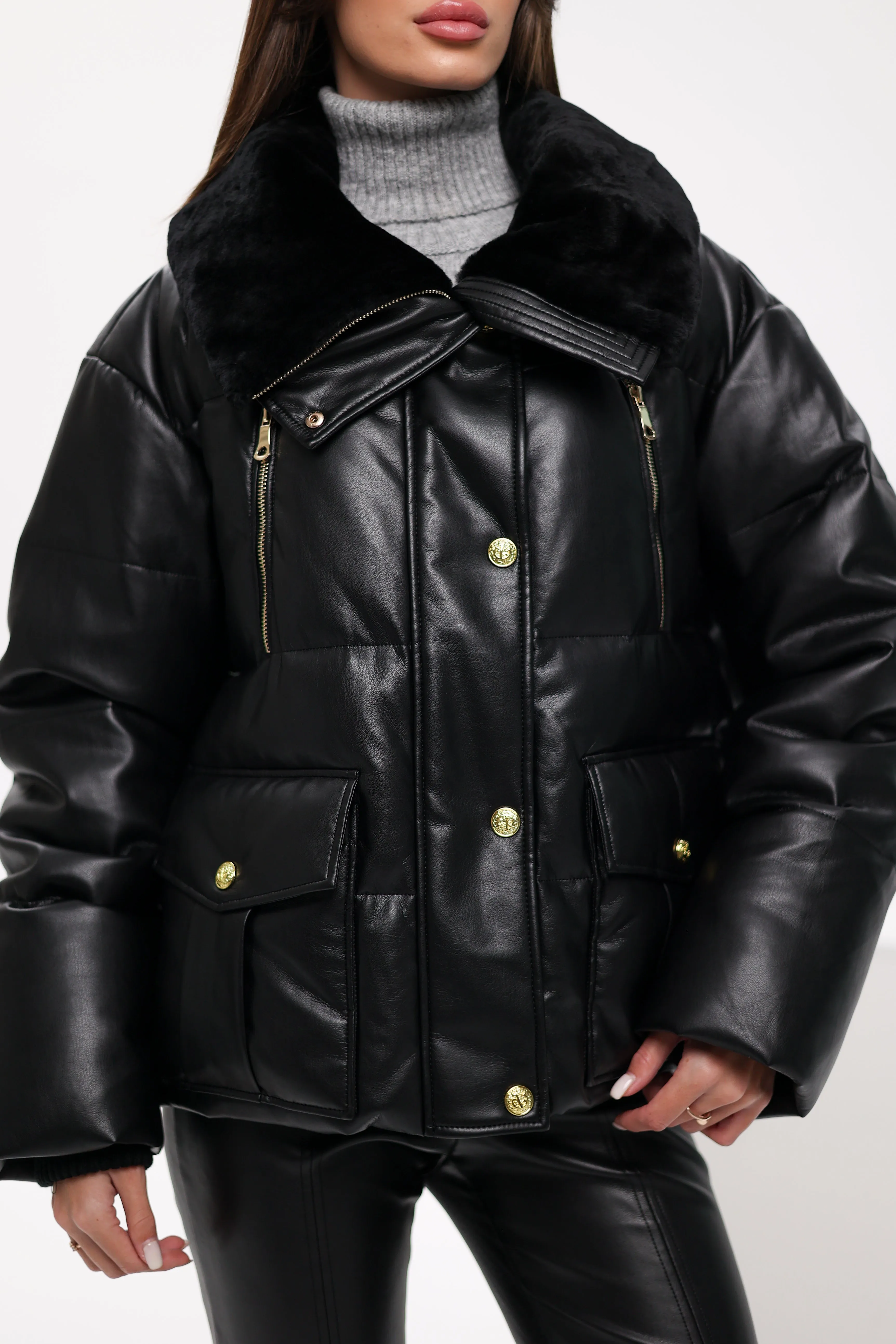 Eco Leather Alpaca Collar Down Jacket