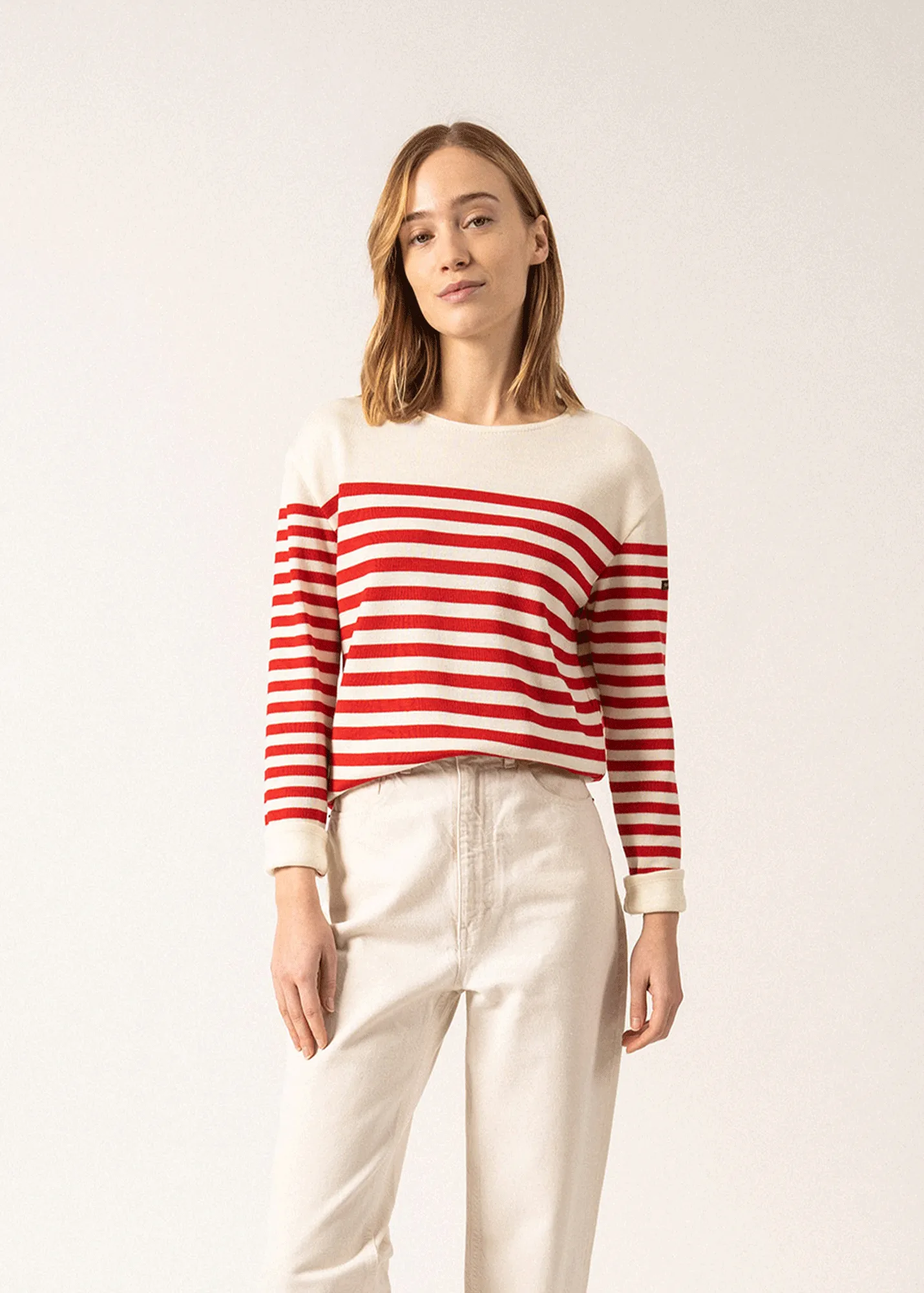 ECRINS - Striped Sweater in Soft Wool for Women (IVORY / RED)