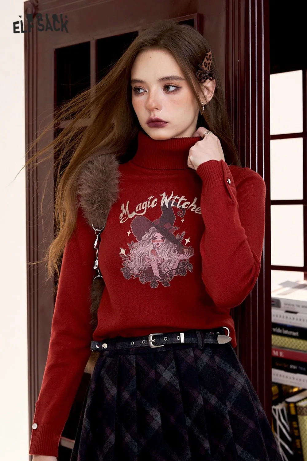 ELFSACK 2024 Winter New Arrivals Dark red retro casual print turtleneck pullover knitted sweater for women