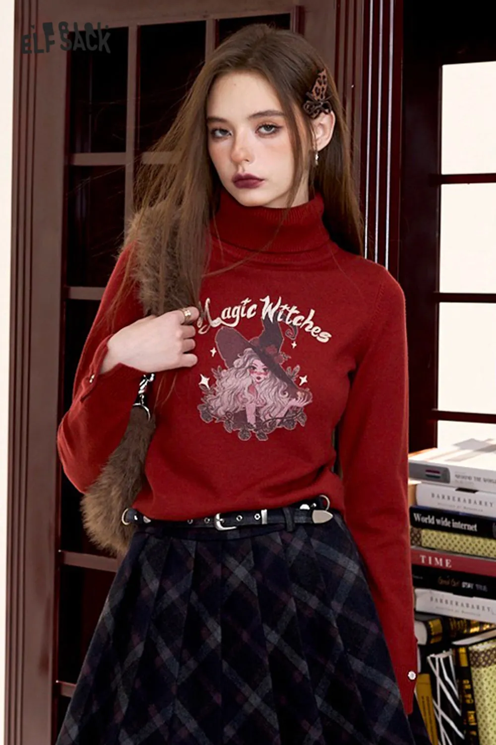 ELFSACK 2024 Winter New Arrivals Dark red retro casual print turtleneck pullover knitted sweater for women