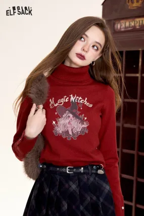 ELFSACK 2024 Winter New Arrivals Dark red retro casual print turtleneck pullover knitted sweater for women