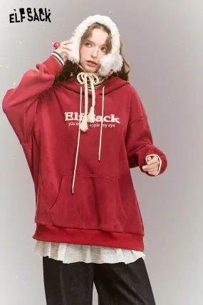 ELFSACK 2024 Winter New Arrivals Red Retro Casual Striped Turtleneck Plus Velvet Loose Hoodie For Women