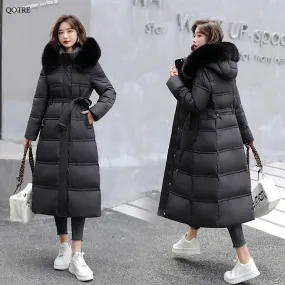 Fur Collar Knee-Length Belted Puffer Jacket