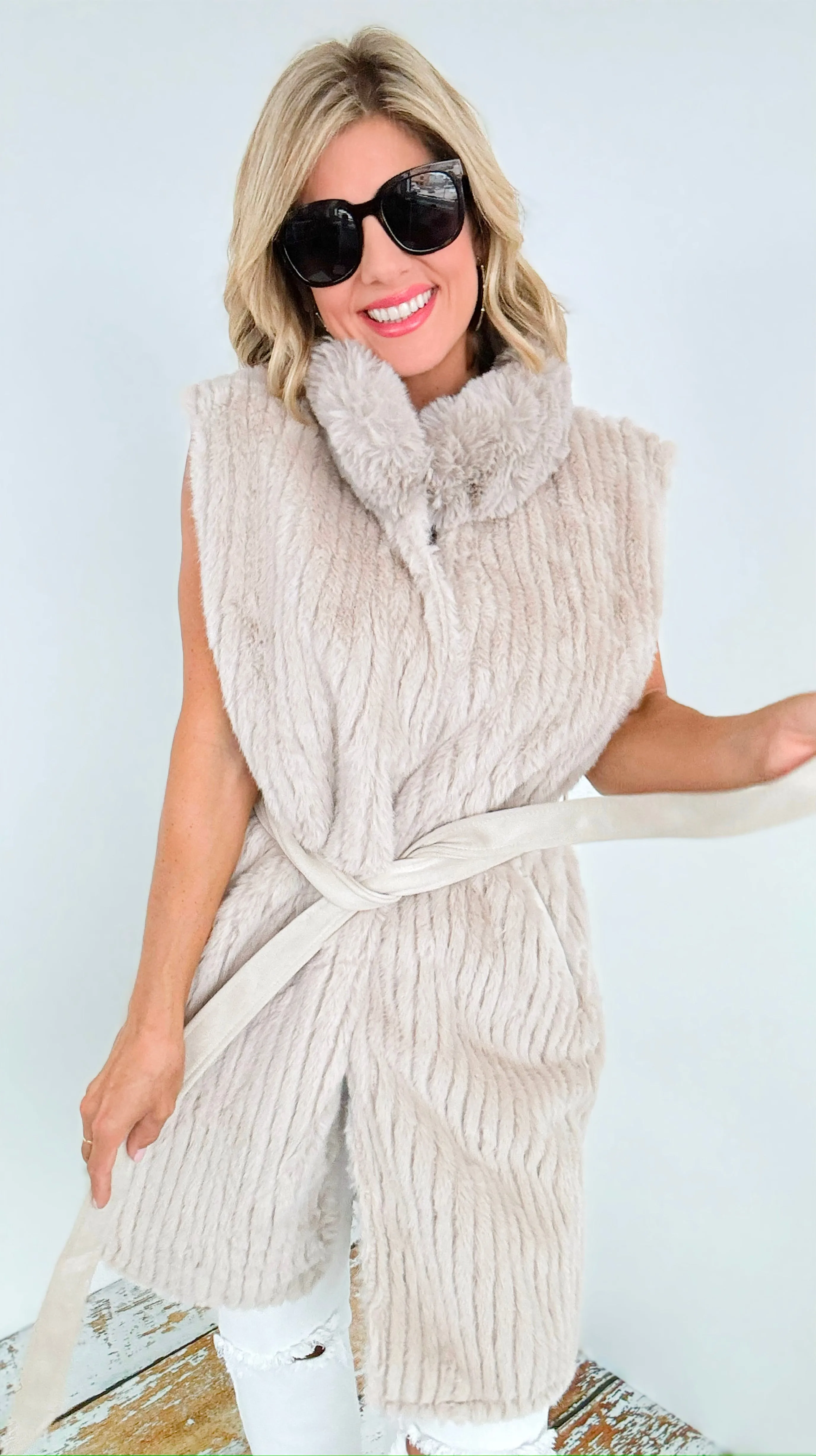 Fuzzy Belted Vest - Beige