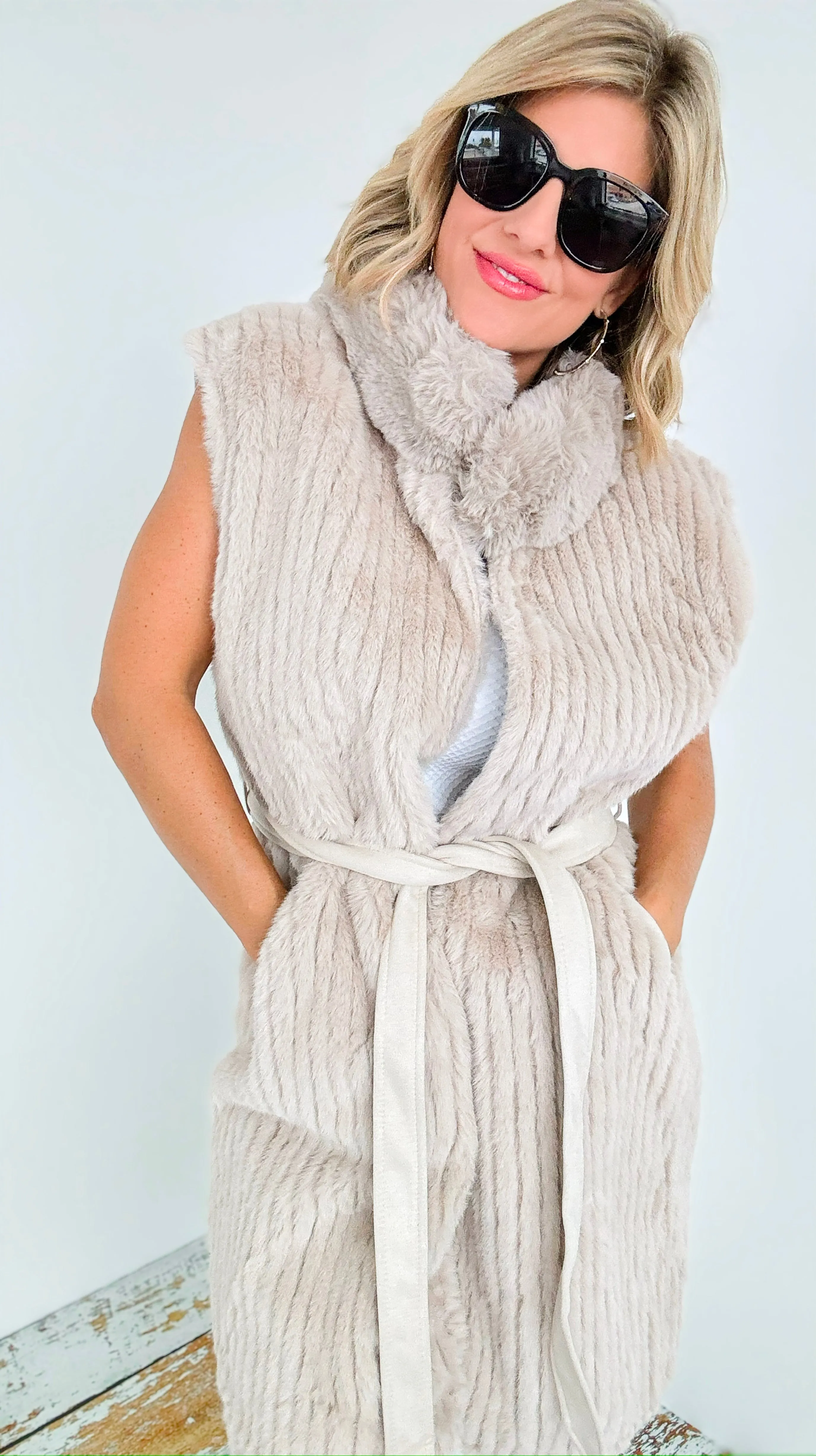 Fuzzy Belted Vest - Beige