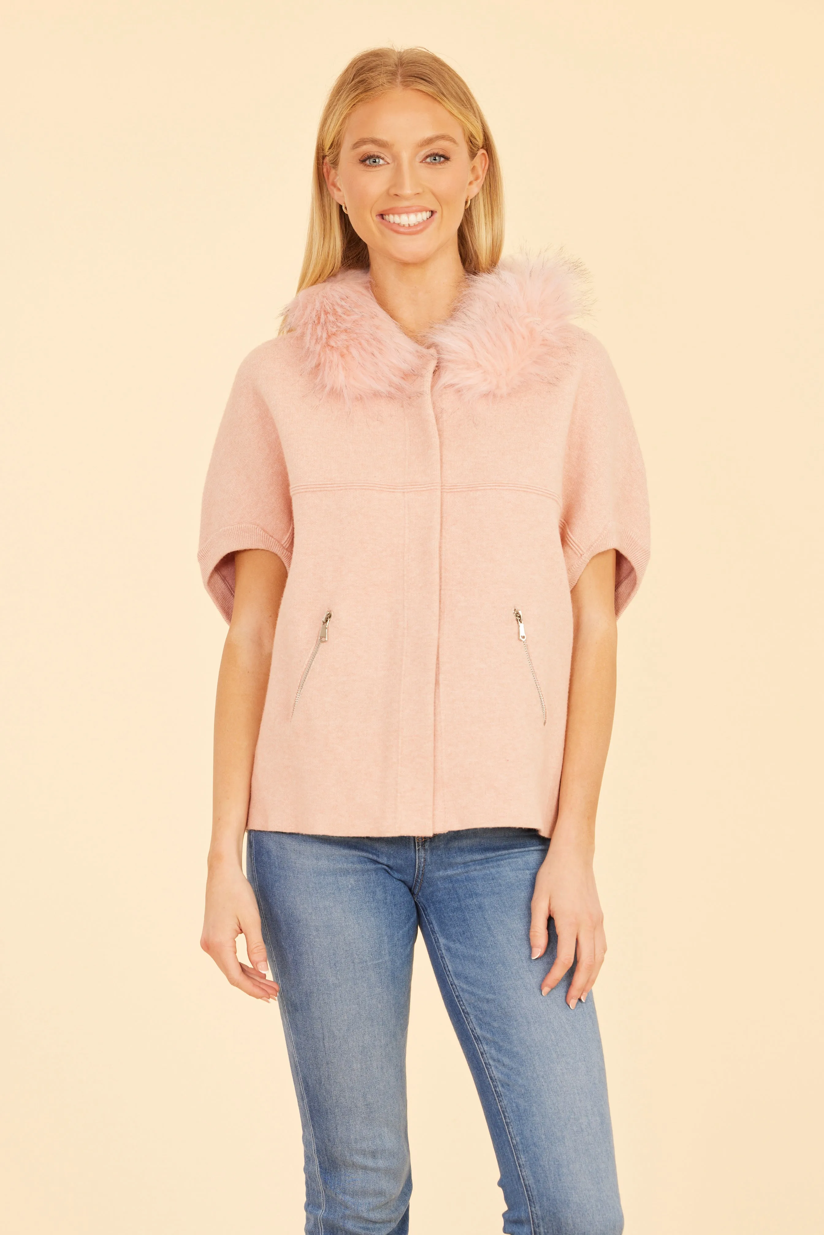 FW'24 Faux Fur Collar Short Sleeved Cardigan