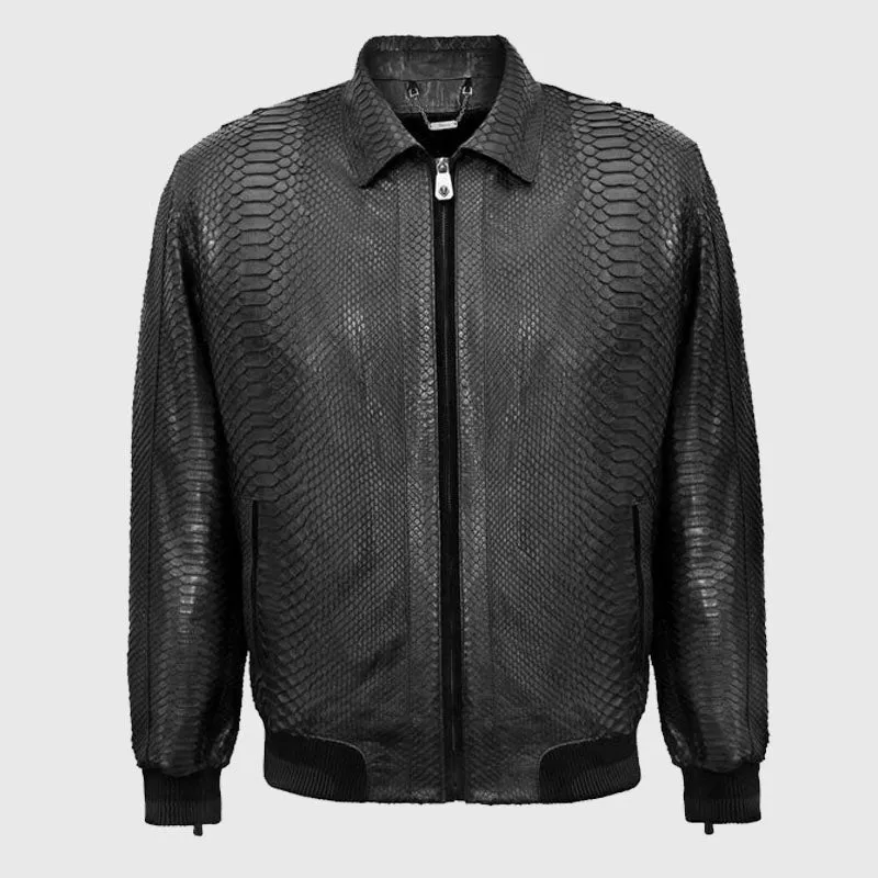 Genuine Best Style Black Autumn Season Python Leather Flight Jacket