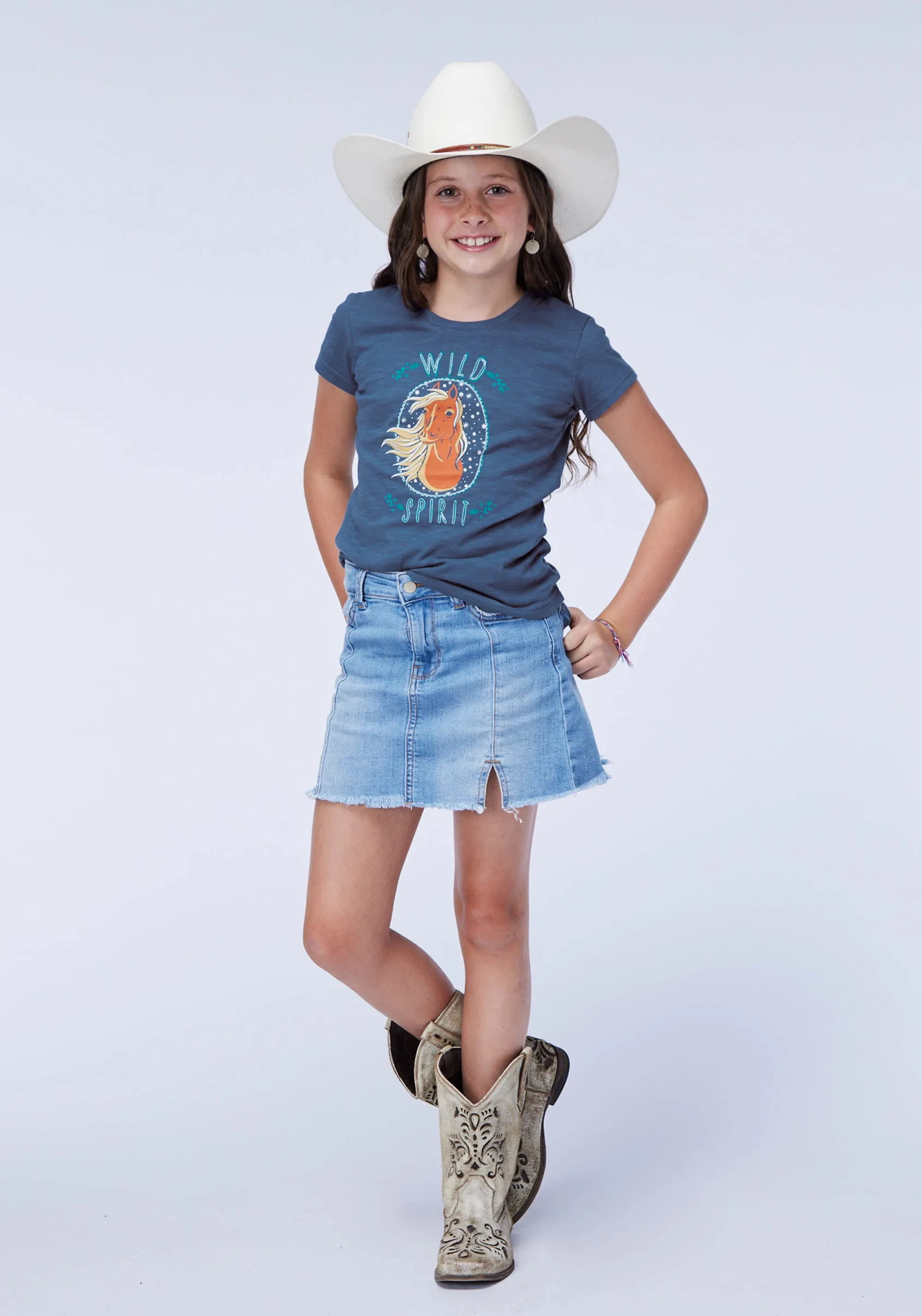 GIRLS SHORT SLEEVE COTTON SLUB JERSEY CREW NECK WESTERN T SHIRT WITH SCREENPRINT EMBROIDERY EMBELLISHMENT