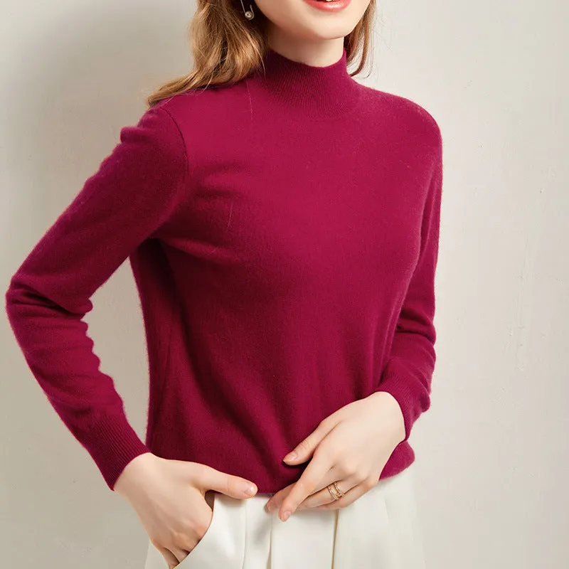 Half Turtleneck Solid Color Slim Casual Versatile Knitted Long-sleeved Cashmere Sweater for Women