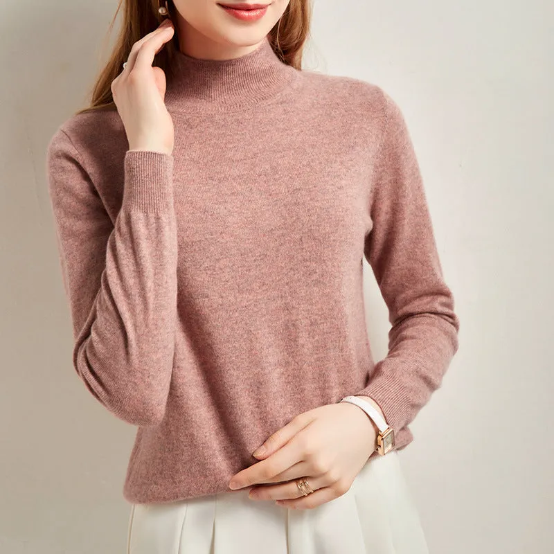 Half Turtleneck Solid Color Slim Casual Versatile Knitted Long-sleeved Cashmere Sweater for Women