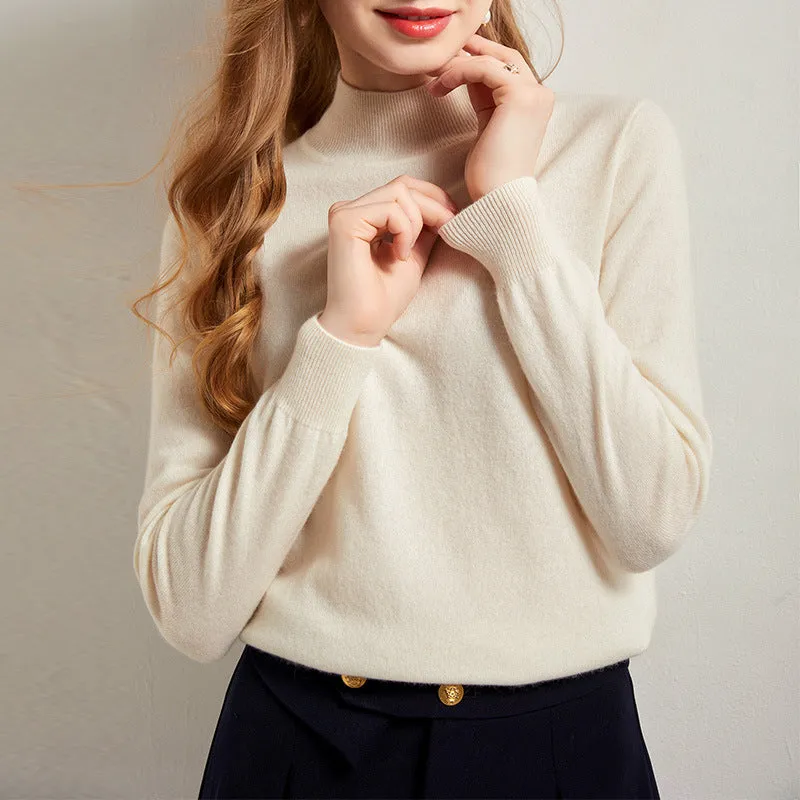 Half Turtleneck Solid Color Slim Casual Versatile Knitted Long-sleeved Cashmere Sweater for Women