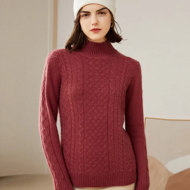 Half Turtleneck Women's Double-ply Thickened Diamond Twist Knitted Cashmere Sweater