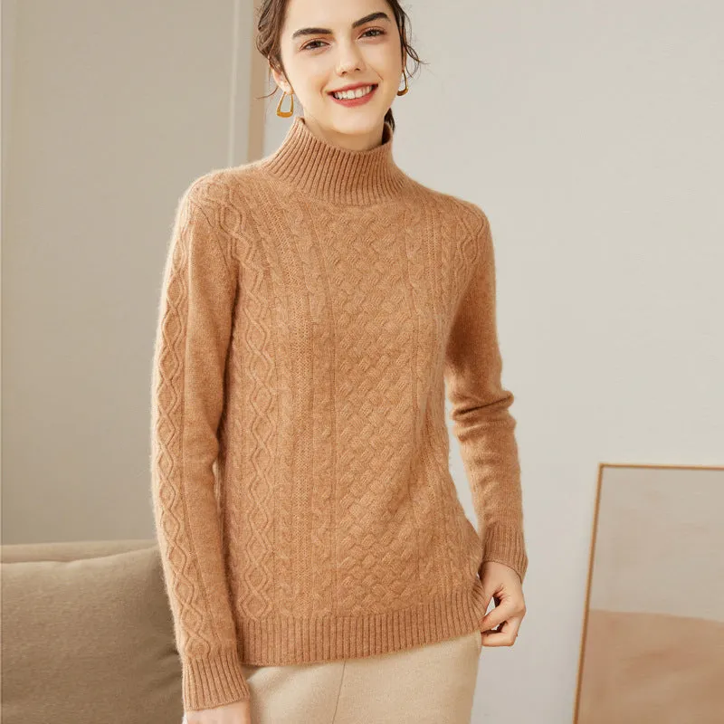 Half Turtleneck Women's Double-ply Thickened Diamond Twist Knitted Cashmere Sweater