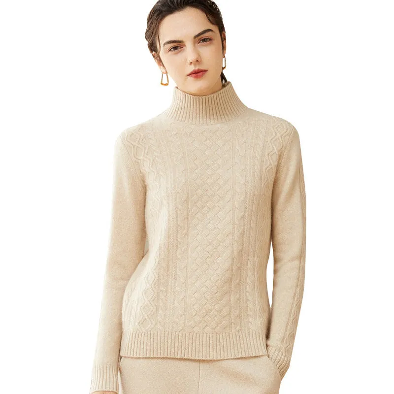 Half Turtleneck Women's Double-ply Thickened Diamond Twist Knitted Cashmere Sweater