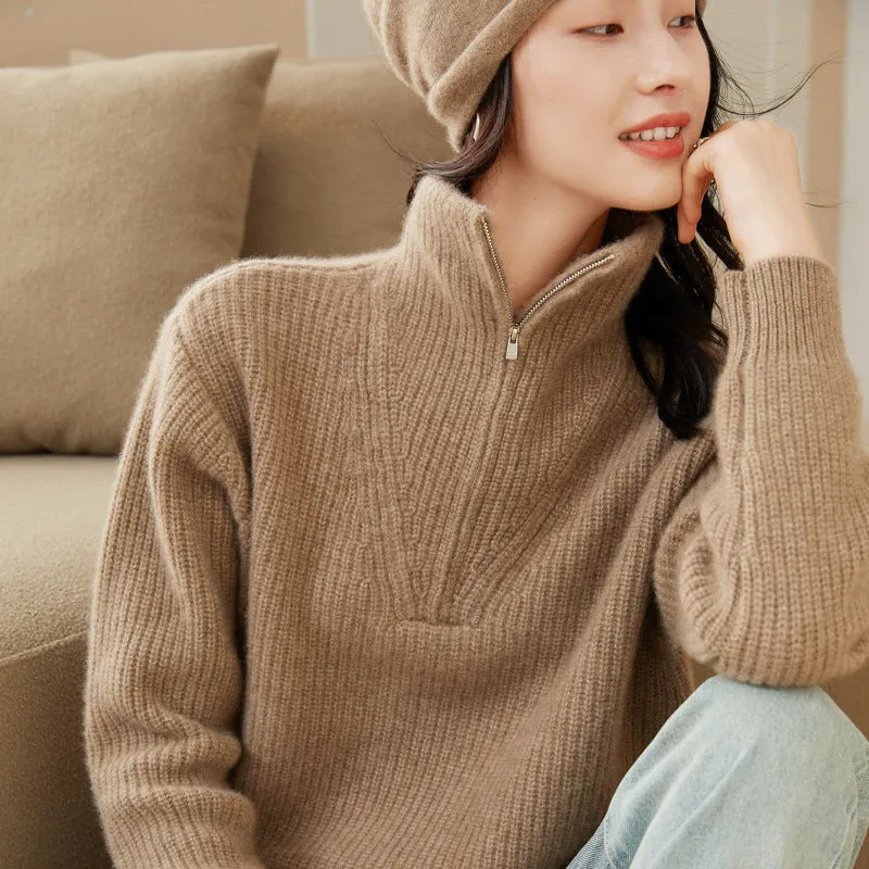 Half-zip Turtleneck Cashmere Sweater for women Thickened Loose Sweater