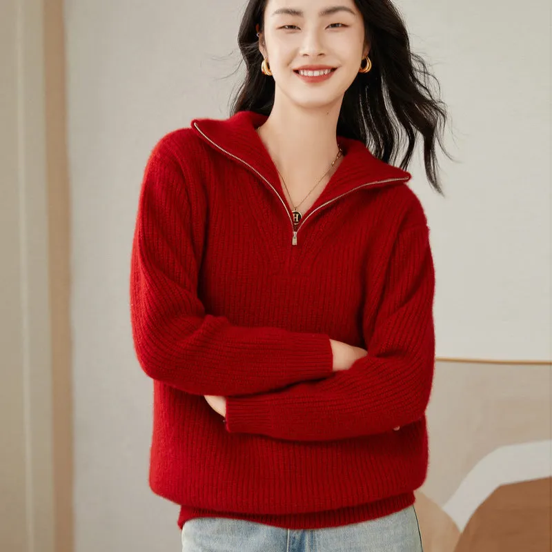 Half-zip Turtleneck Cashmere Sweater for women Thickened Loose Sweater