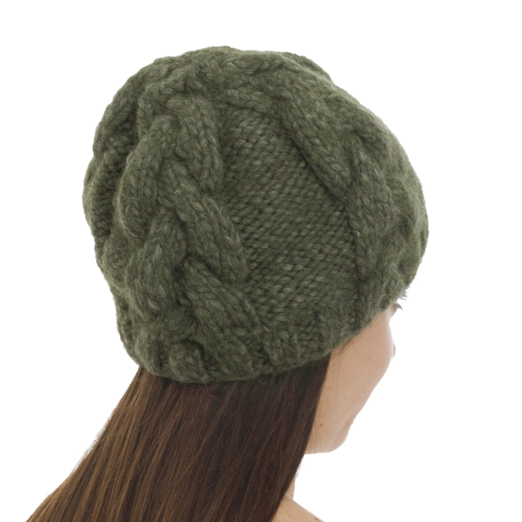 Hand Knit Olive Green 100% Alpaca Hat from Peru - Olive Braids | NOVICA