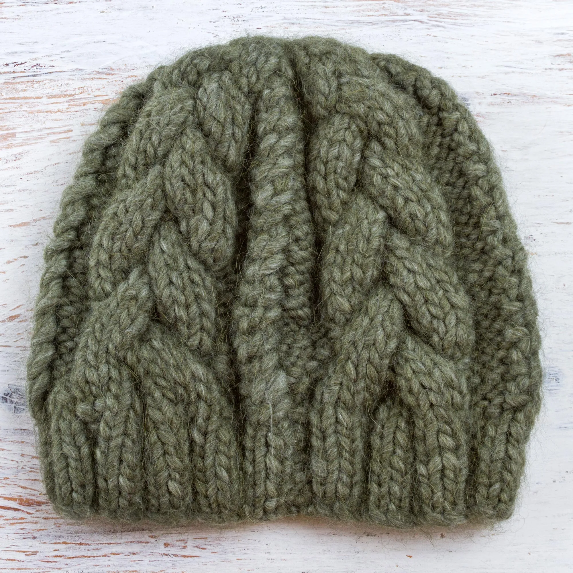 Hand Knit Olive Green 100% Alpaca Hat from Peru - Olive Braids | NOVICA