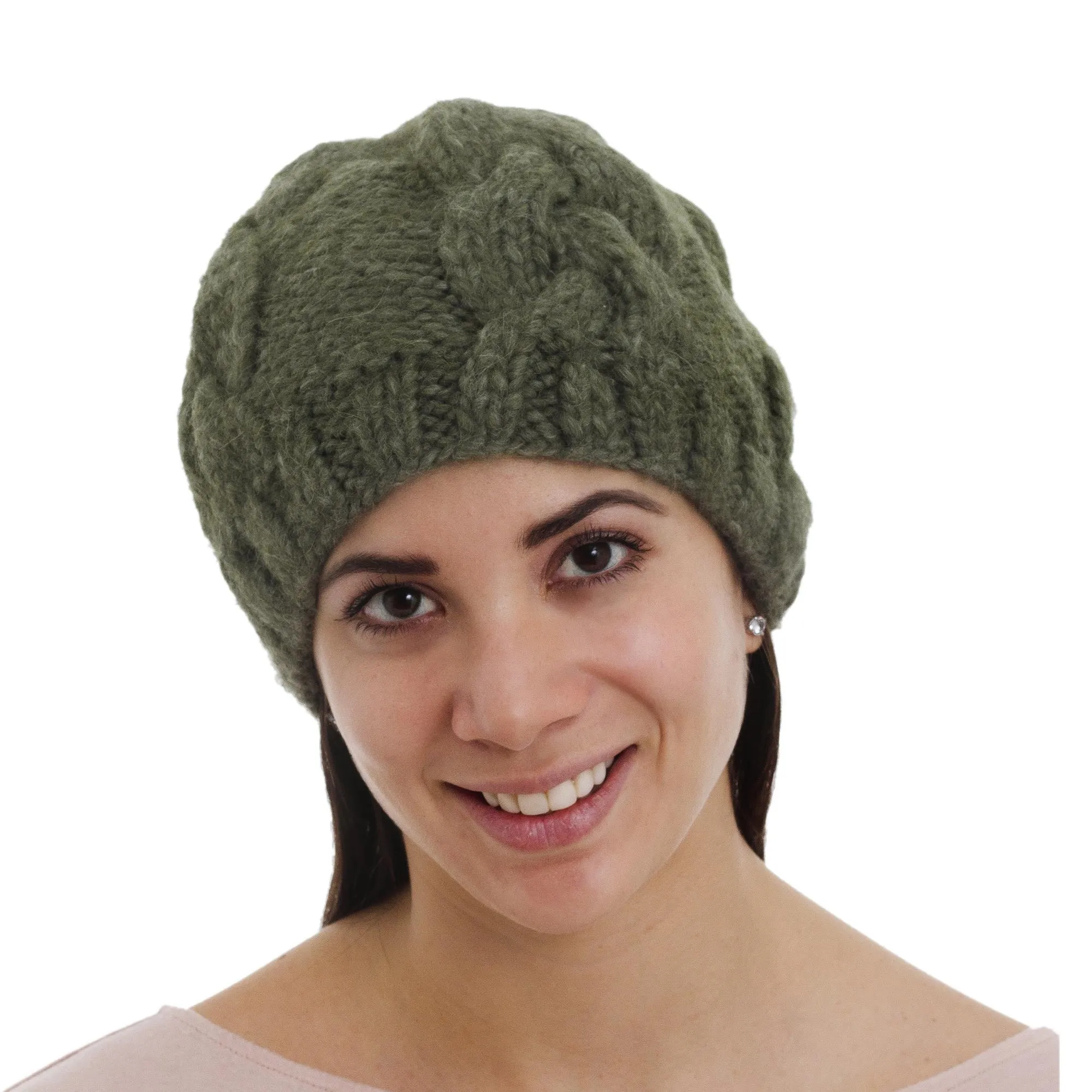 Hand Knit Olive Green 100% Alpaca Hat from Peru - Olive Braids | NOVICA