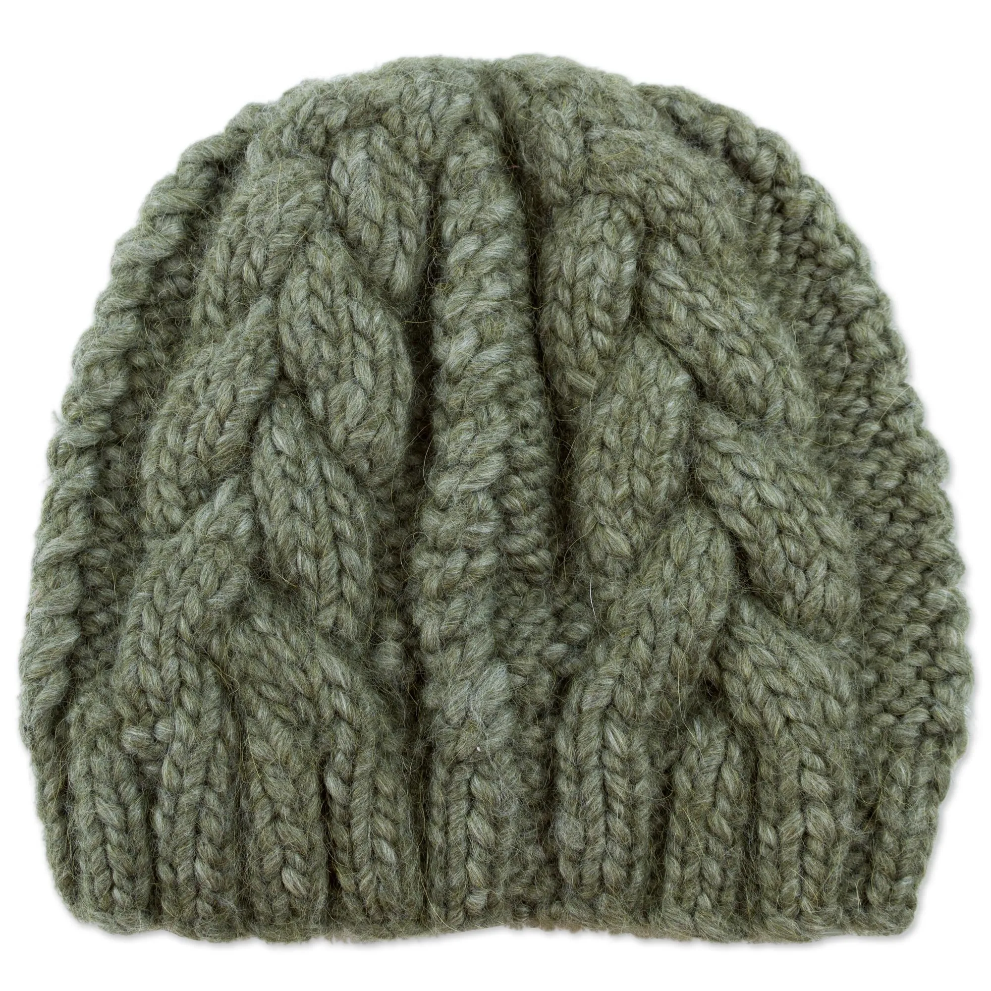 Hand Knit Olive Green 100% Alpaca Hat from Peru - Olive Braids | NOVICA