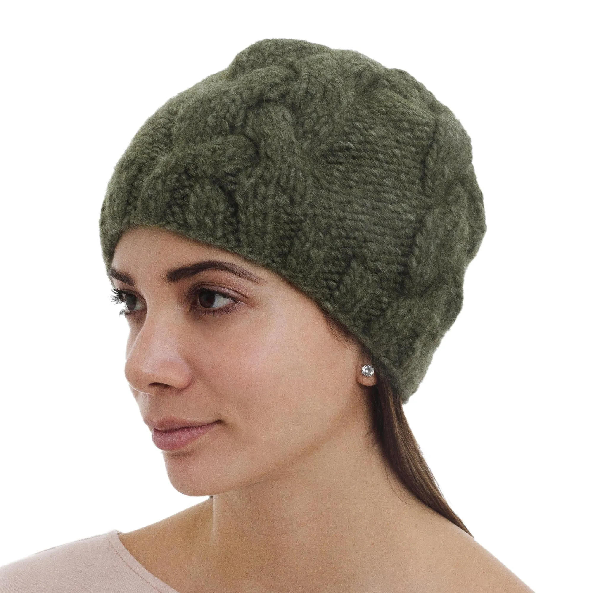 Hand Knit Olive Green 100% Alpaca Hat from Peru - Olive Braids | NOVICA