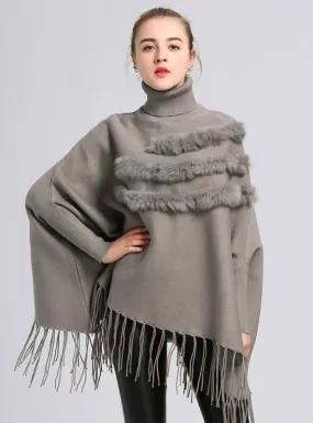 HIGH NECKED BAT SLEEVE FRINGED TURTLENECK CLOAK