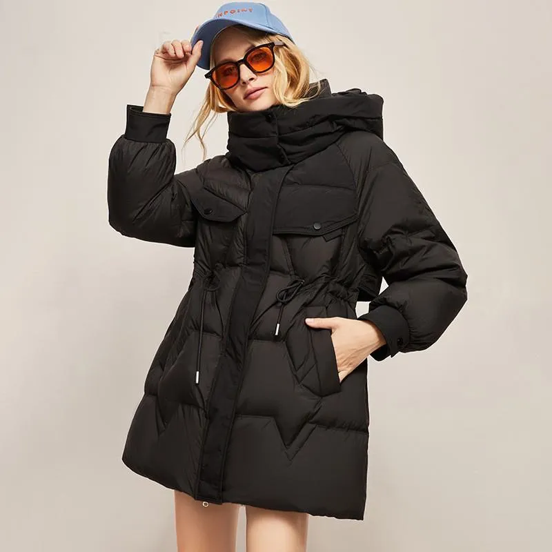 Hooded Thigh-Length Cinched Waist Down Coat