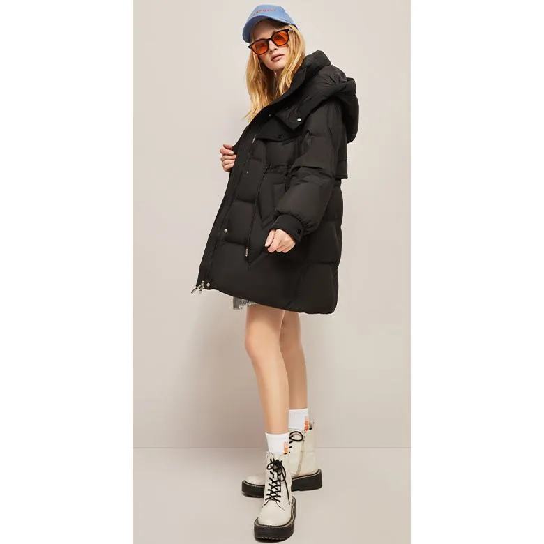 Hooded Thigh-Length Cinched Waist Down Coat