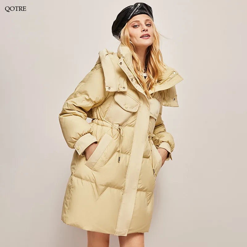 Hooded Thigh-Length Cinched Waist Down Coat