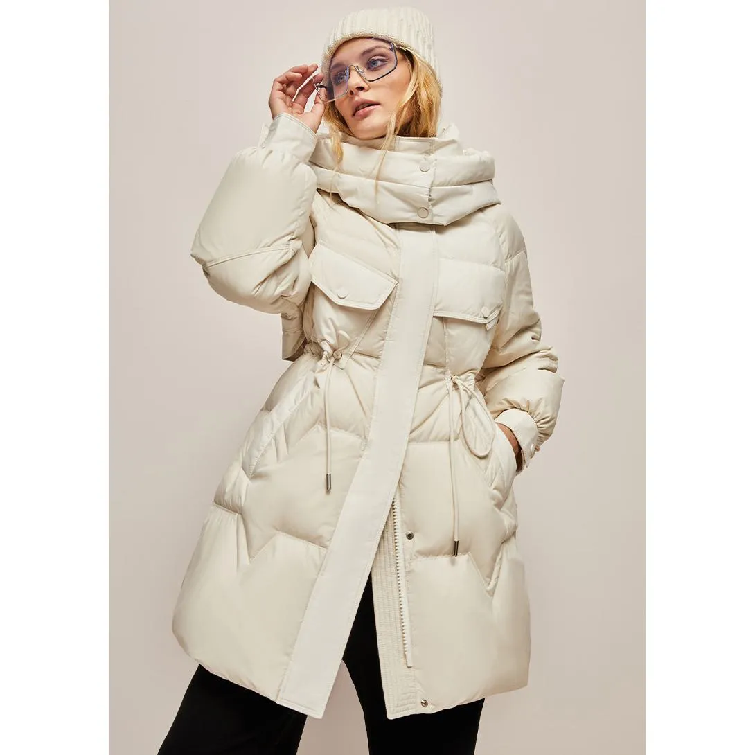 Hooded Thigh-Length Cinched Waist Down Coat