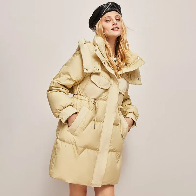 Hooded Thigh-Length Cinched Waist Down Coat