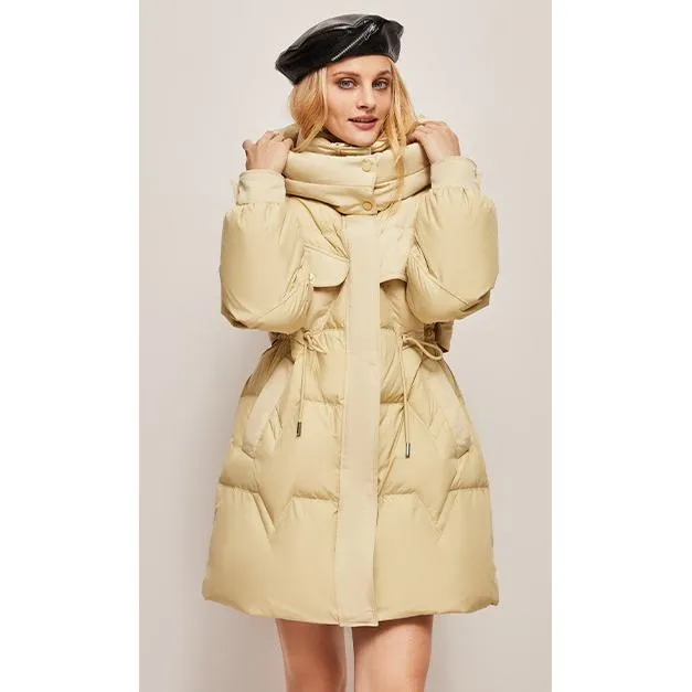 Hooded Thigh-Length Cinched Waist Down Coat