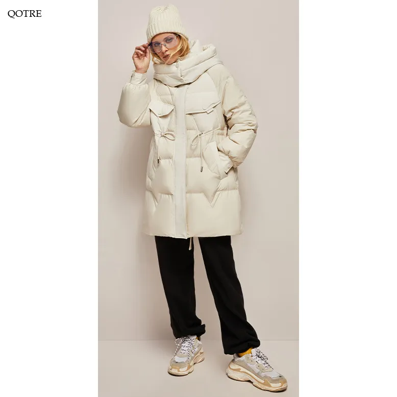 Hooded Thigh-Length Cinched Waist Down Coat