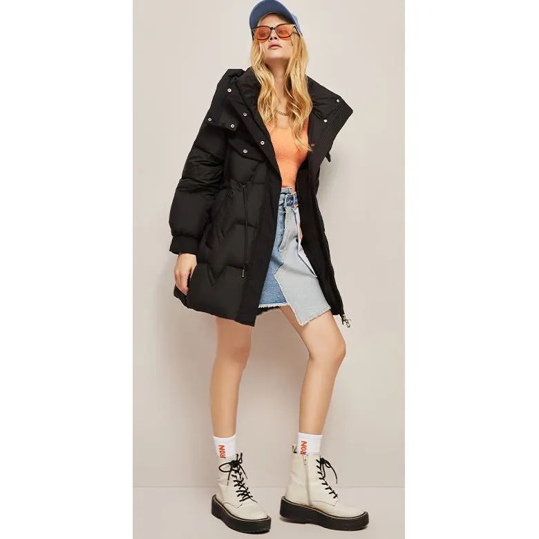 Hooded Thigh-Length Cinched Waist Down Coat