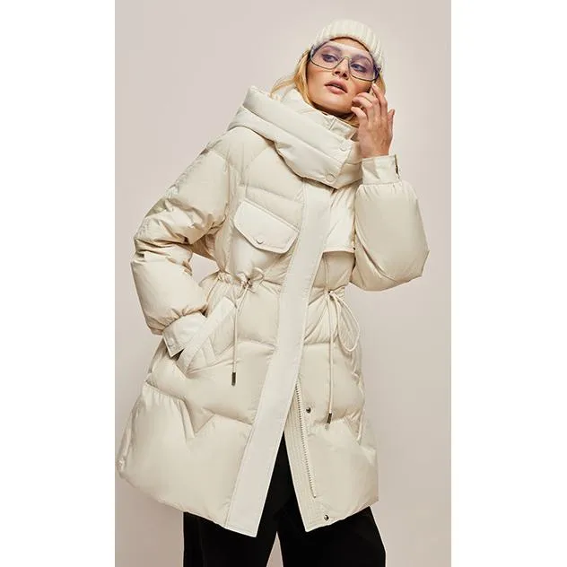 Hooded Thigh-Length Cinched Waist Down Coat