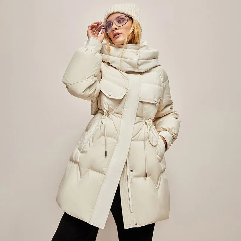 Hooded Thigh-Length Cinched Waist Down Coat