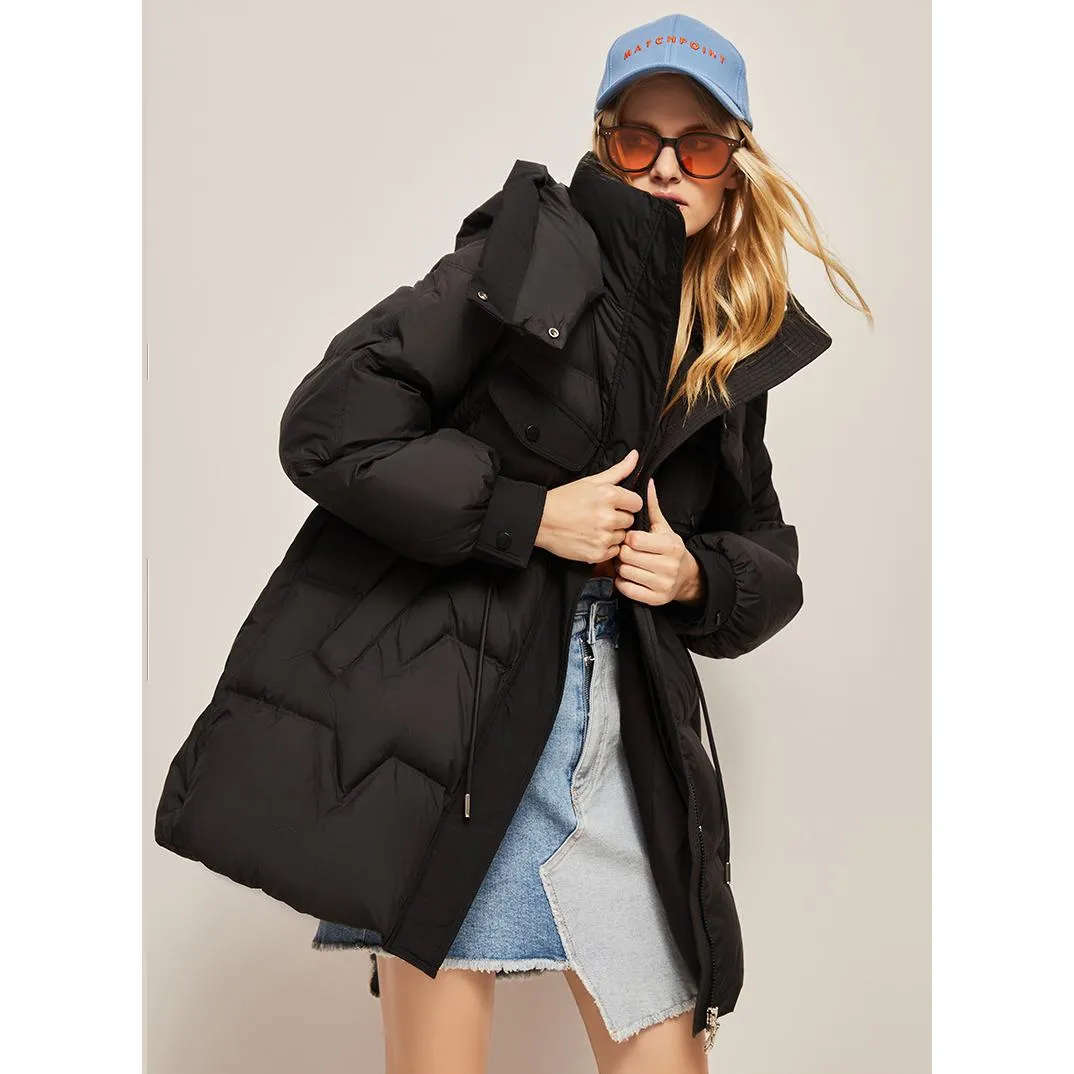 Hooded Thigh-Length Cinched Waist Down Coat