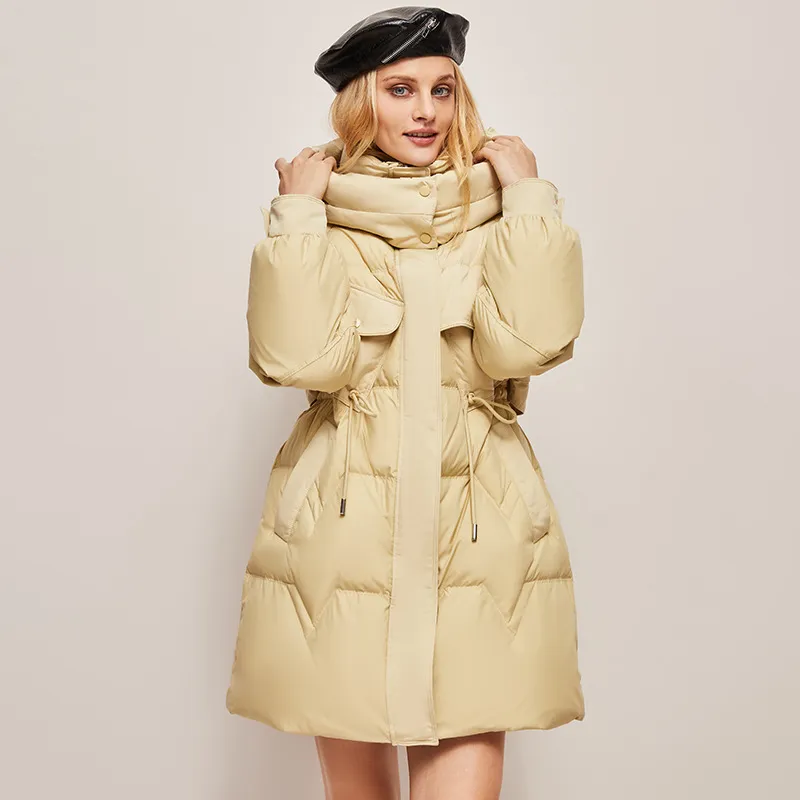 Hooded Thigh-Length Cinched Waist Down Coat