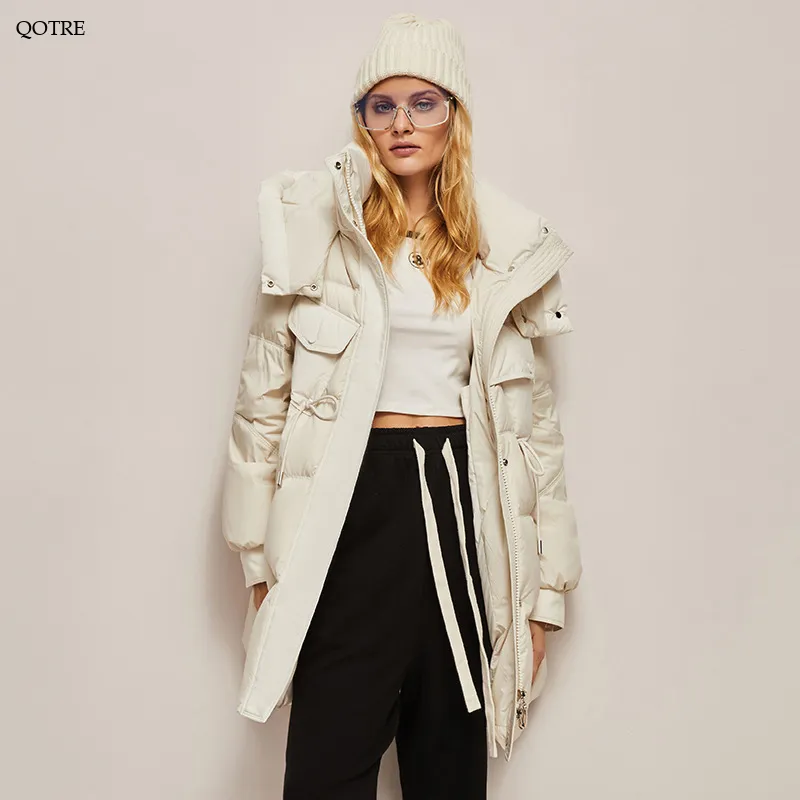 Hooded Thigh-Length Cinched Waist Down Coat